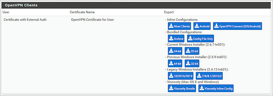Screenshot of pfSense, Client Export 2